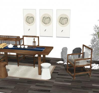 新中式桌椅SU模型下载_sketchup草图大师SKP模型