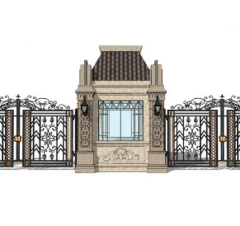 欧式小区入口大门铁艺大门SU模型下载_sketchup草图大师SKP模型