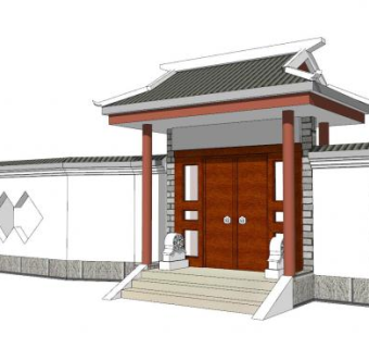 中式院门围墙SU模型下载_sketchup草图大师SKP模型