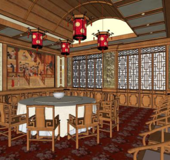 中式古典宴会厅SU模型下载_sketchup草图大师SKP模型