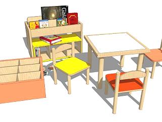 儿童桌椅子带书架SU模型下载_sketchup草图大师SKP模型