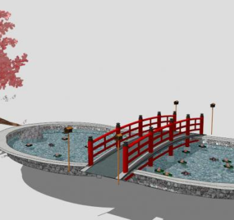 水池樱花莲花庭院小品SU模型下载_sketchup草图大师SKP模型