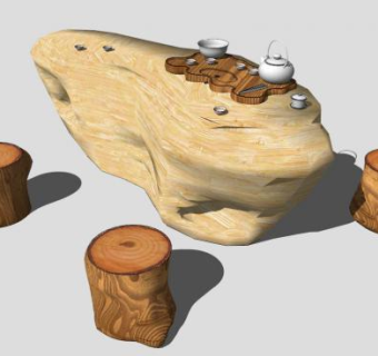 木质根雕茶几SU模型下载_sketchup草图大师SKP模型