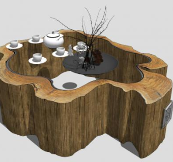 木质中式根雕茶桌茶座SU模型下载_sketchup草图大师SKP模型