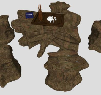 木桩根雕茶几茶具茶桌SU模型下载_sketchup草图大师SKP模型
