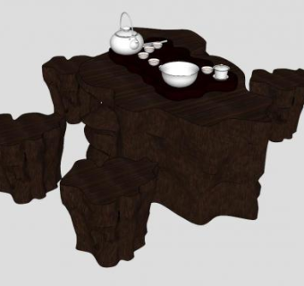 黑色木桩根雕茶座茶桌SU模型下载_sketchup草图大师SKP模型