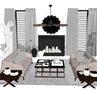 现代北欧风格客厅SU模型下载_sketchup草图大师SKP模型