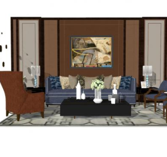 现代中式复古客厅SU模型下载_sketchup草图大师SKP模型