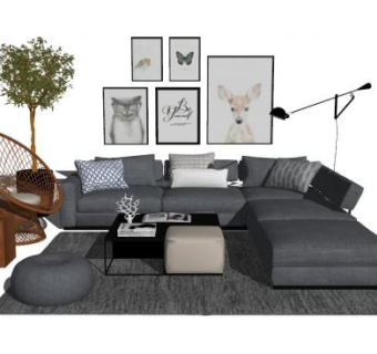 现代客厅北欧风格SU模型下载_sketchup草图大师SKP模型