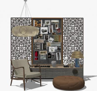 现代简约风客厅装饰SU模型下载_sketchup草图大师SKP模型