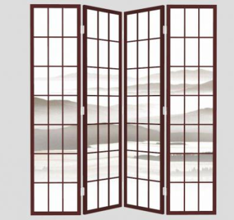 新中式红色山河屏风SU模型下载_sketchup草图大师SKP模型