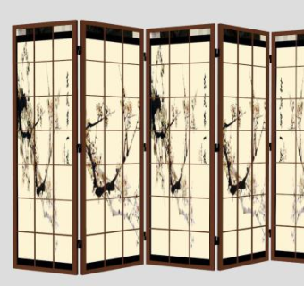 水墨风梅枝中式隔断屏风SU模型下载_sketchup草图大师SKP模型