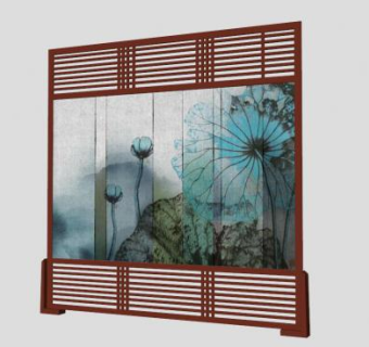 水墨风荷叶中式屏风SU模型下载_sketchup草图大师SKP模型
