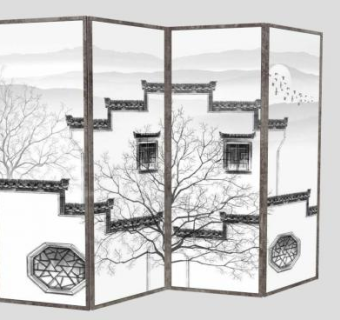 新中式江南风格屏风隔断SU模型下载_sketchup草图大师SKP模型