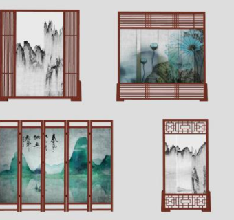 多款新中式木质水墨风江山屏风隔断SU模型下载_sketchup草图大师SKP模型