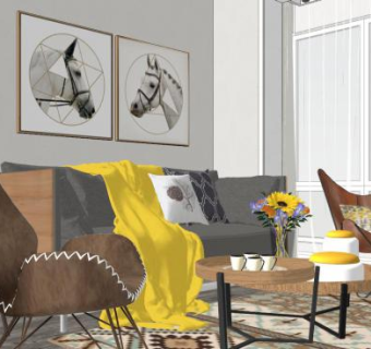 现代单身公寓客厅SU模型下载_sketchup草图大师SKP模型