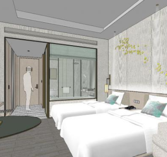 客房双床房SU模型下载_sketchup草图大师SKP模型