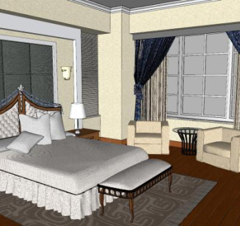 美式风格酒店客房SU模型下载_sketchup草图大师SKP模型