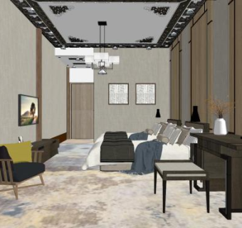 简欧风酒店客房SU模型下载_sketchup草图大师SKP模型