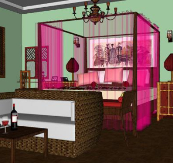 现代中式复古酒店客房SU模型下载_sketchup草图大师SKP模型