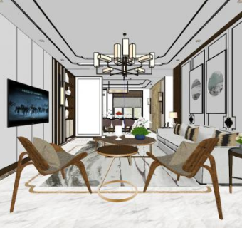 现代新中式客餐厅SU模型下载_sketchup草图大师SKP模型