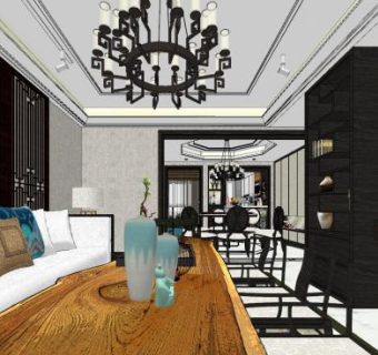 新中式客餐厅室内SU模型下载_sketchup草图大师SKP模型