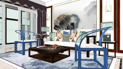 新中式古典客餐厅SU模型下载_sketchup草图大师SKP模型