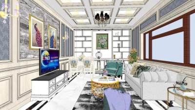 美式轻奢室内客餐厅SU模型下载_sketchup草图大师SKP模型