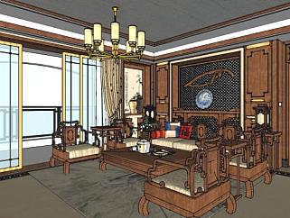 新中式古典客餐厅设计SU模型下载_sketchup草图大师SKP模型