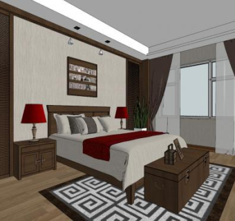 中式卧房主人房SU模型下载_sketchup草图大师SKP模型