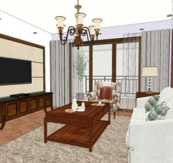 美式复古客厅SU模型下载_sketchup草图大师SKP模型