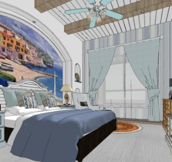 现代地中海酒店客房SU模型下载_sketchup草图大师SKP模型