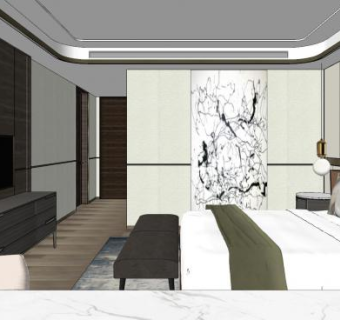 现代新中式酒店客房SU模型下载_sketchup草图大师SKP模型