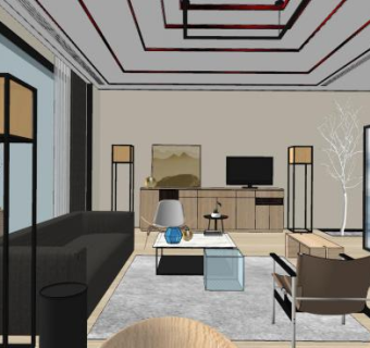 新中式酒店套房设计SU模型下载_sketchup草图大师SKP模型