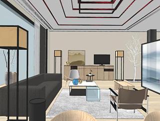 新中式酒店套房设计SU模型下载_sketchup草图大师SKP模型