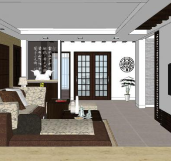 中式客厅室内SU模型下载_sketchup草图大师SKP模型