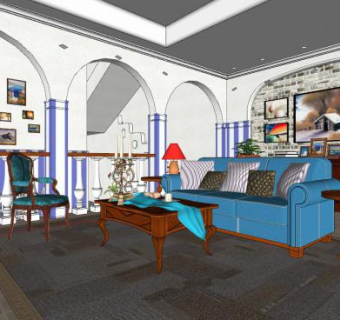 美式风格客厅设计SU模型下载_sketchup草图大师SKP模型