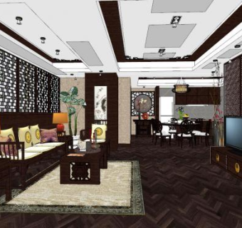 中式古典客厅设计SU模型下载_sketchup草图大师SKP模型