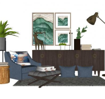 自然简约风客厅软装SU模型下载_sketchup草图大师SKP模型