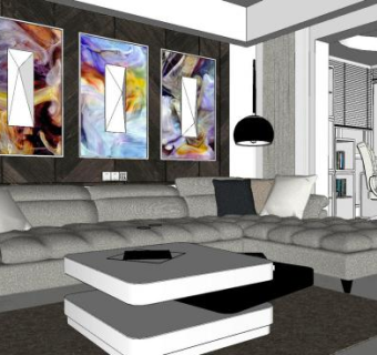 现代简约风客餐厅SU模型下载_sketchup草图大师SKP模型