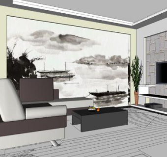 新中式客餐厅家装设计SU模型下载_sketchup草图大师SKP模型