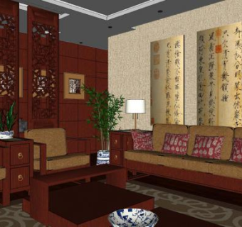 新中式风格客餐厅家装SU模型下载_sketchup草图大师SKP模型