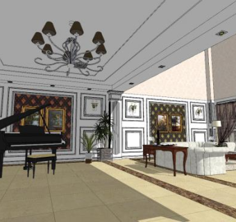 现代美式复式客厅SU模型下载_sketchup草图大师SKP模型