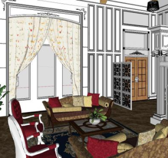 北欧复古轻奢客餐厅SU模型下载_sketchup草图大师SKP模型