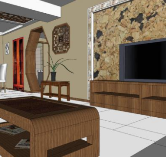 现代新中式客厅家装SU模型下载_sketchup草图大师SKP模型