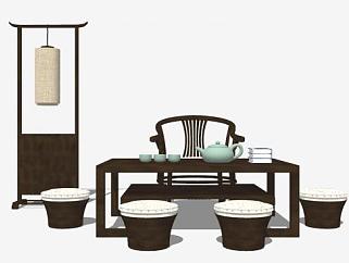 现代简约中式茶室茶席SU模型下载_sketchup草图大师SKP模型
