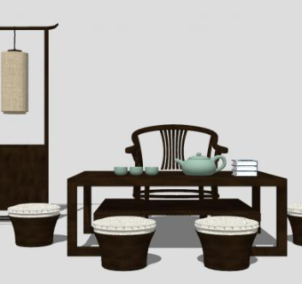 现代简约中式茶室茶席SU模型下载_sketchup草图大师SKP模型