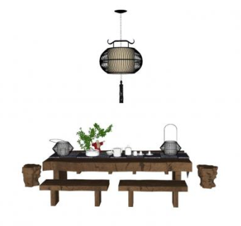 新中式根雕茶几椅SU模型下载_sketchup草图大师SKP模型