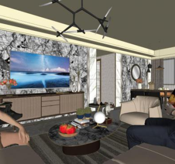 现代简约混搭风客厅SU模型下载_sketchup草图大师SKP模型