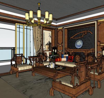 新中式古典风客餐厅SU模型下载_sketchup草图大师SKP模型